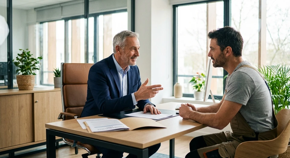 Photographie d'un expert en assurance mature en costume bleu marine, assis à un bureau professionnel dans un bureau moderne lumineux, discutant face à un entrepreneur (artisan ou commerçant) en tenue de travail. Sur le bureau se trouvent des documents d'assurance et un dossier. L'atmosphère doit être de confiance, de conseil professionnel et de sérénité. La photo doit transmettre une relation de proximité et de compétence entre le conseiller et le client professionnel.