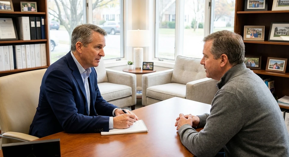 Photographie d'un agent d'assurance professionnel d'âge mûr, en tenue professionnelle (costume sombre ou blazer), assis à son bureau dans un cadre d'agence chaleureuse et moderne, en conversation attentive avec un client. L'agent est penché légèrement en avant, écoutant attentivement et prenant des notes, symbolisant le conseil personnalisé et l'écoute active. Le client apparaît confiant et engagé. L'arrière-plan montre un bureau organisé avec des éléments discrets évoquant le secteur de l'assurance (classeurs, documents professionnels, mais sans surcharge). L'atmosphère générale doit transmettre la confiance, la professionnalité, la proximité et l'engagement envers la sécurité du client.