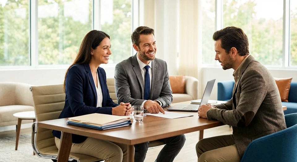 Réunion d'affaires en intérieur entre deux professionnels, homme en costume gris avec cravate rayée rouge et lunettes souriant face à une femme de dos